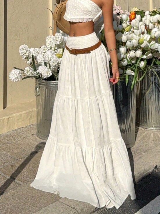 Dresses & Skirts - White Casual Women's Shirred Waist Ruffled Hem Skirt